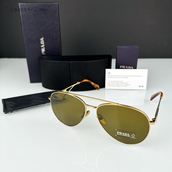 Prada PR73ZS 5AK01T Sunglasses Shiny Gold Dark Brown Pilot Unisex PR 73ZS - Picture 4 of 9